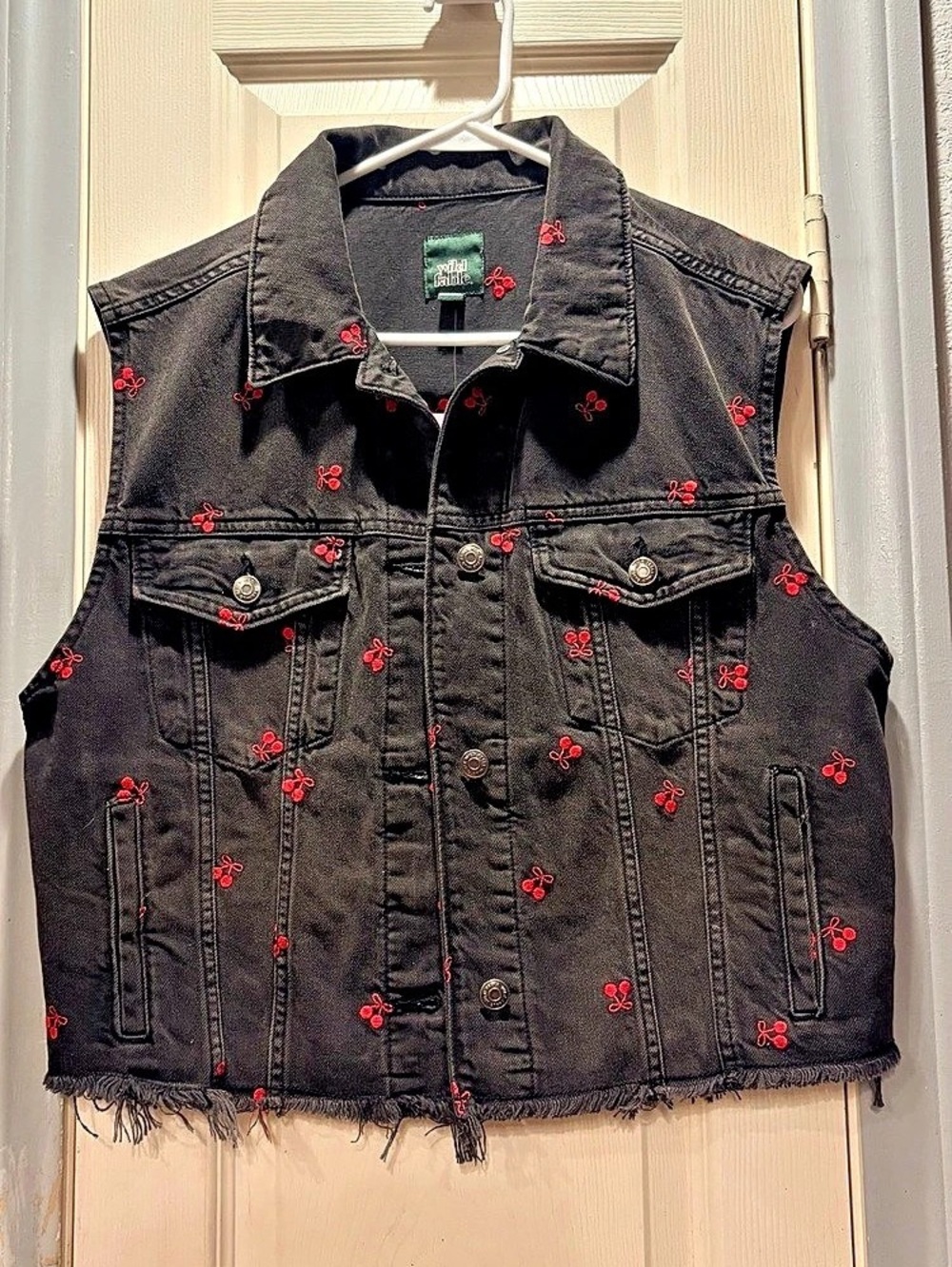 Wild Fable Embroidered Cherry Denim Vest, Black